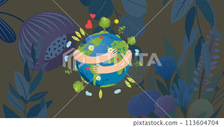Image of hands embracing globe with flowers in background 113604704