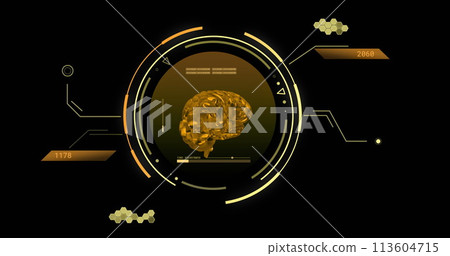 Image of scopes and scientific data processing with human brain over black background Image of scopes and scientific data processing with human brain over black background 113604715