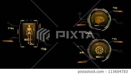 Image of scopes and scientific data processing over black background Image of scopes and scientific data processing over black background 113604783