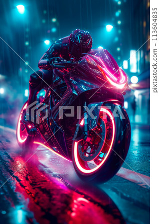 Motorcycle with neon pink and blue accents is being ridden in the rain by man wearing black leather gear 113604835