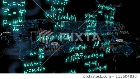 Image of mathematical formulae and scientific data processing over black background 113604836