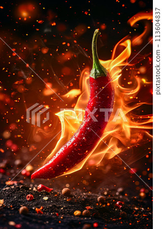 Red chili pepper is shown in front of fire or explosion with sparks and flames surrounding it 113604837