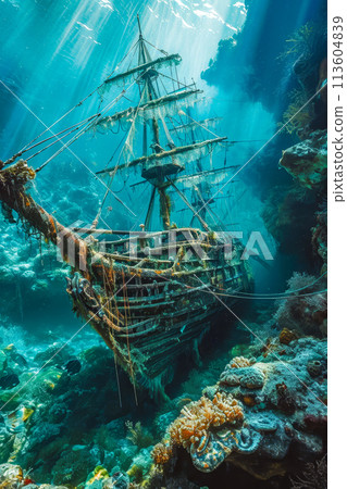 Picture of ship wrecked underwater with rope and chain visible 113604839
