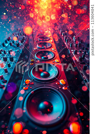 Blue and red graphic of soundboard or music mixer with many knobs 113604841