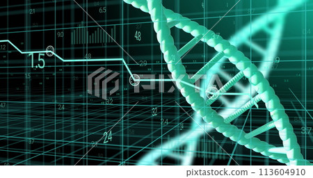 Image of dna strands spinning with data processing over black background 113604910