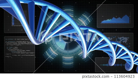 Image of dna strand spinning with data processing over black background Image of dna strand spinning with data processing over black background 113604923