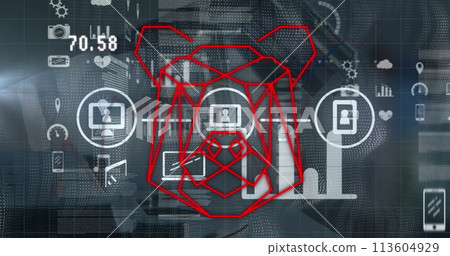 Image of tech icons, data and bear head on grey background 113604929