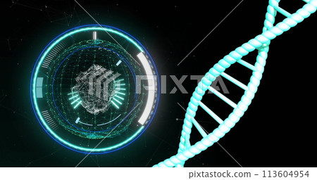 Image of dna strand spinning with data processing over black background Image of dna strand spinning with data processing over black background 113604954