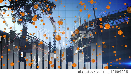 Image of graphs and coins over construction site Image of graphs and coins over construction site 113604958