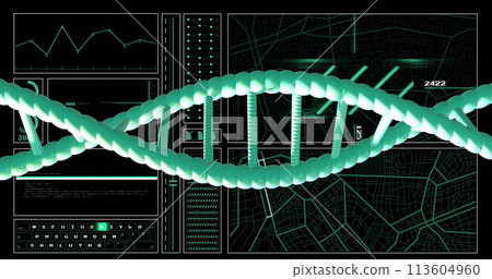 Image of dna strand spinning over data processing on black background Image of dna strand spinning over data processing on black background 113604960