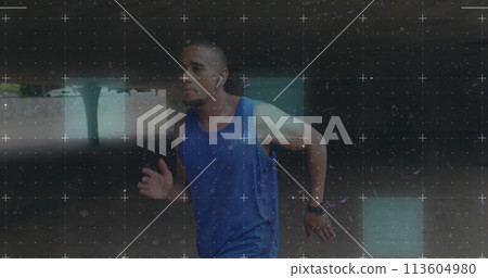 Biracial athlete in mid-stride during outdoor run Biracial athlete in mid-stride during outdoor run 113604980