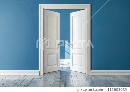 Open door in blue room Open door in blue room 113605083