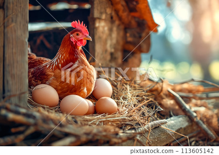 Chicken sits in the nest with eggs 113605142