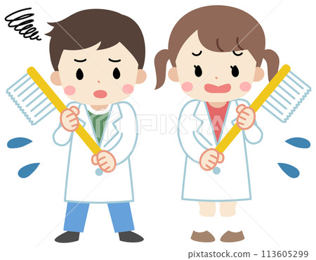 Illustration of children with troubled faces holding toothbrushes 113605299