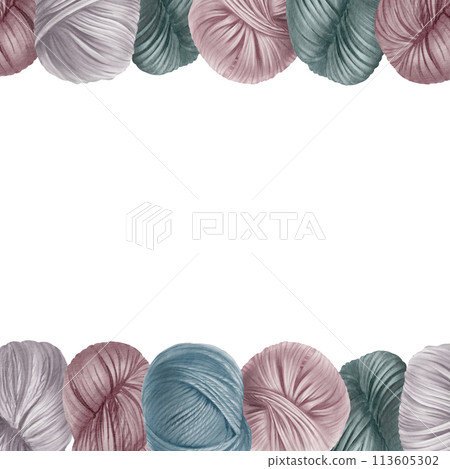 Skeins of yarn in the form of a double-sided border. Isolated on white background.Background with copy space for text. Hand drawn hobby clip art for home decor, shop label. Hand made, craft. Skeins of yarn in the form of a double-sided border. Isolated on white background.Background with copy space for text. Hand drawn hobby clip art for home decor, shop label. Hand made, craft. 113605302