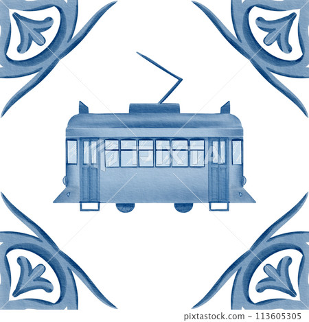 Yellow streetcar number 28. In monochrome technique of azulejo tile colors, blue and white. Watercolor illustration. Element of azulejo tiles. For stickers, stationery, textiles. Yellow streetcar number 28. In monochrome technique of azulejo tile colors, blue and white. Watercolor illustration. Element of azulejo tiles. For stickers, stationery, textiles. 113605305