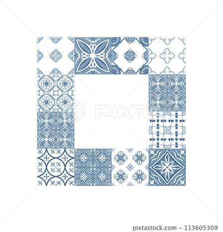 Mediterranean style patchwork with Portuguese symbols in square frame composition. Isolated on white background watercolor illustration with empty space in the center for postcard,website,store,fabric Mediterranean style patchwork with Portuguese symbols in square frame composition. Isolated on white background watercolor illustration with empty space in the center for postcard,website,store,fabric 113605309