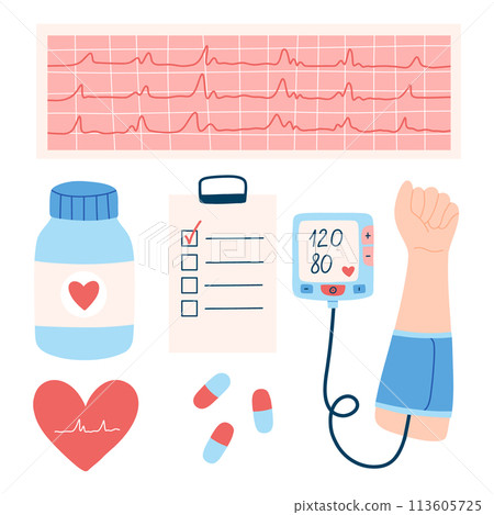 Set of hypertension elements in flat style. Hand drawn hypertension collection. Vector illustration. Set of hypertension elements in flat style. Hand drawn hypertension collection. Vector illustration. 113605725