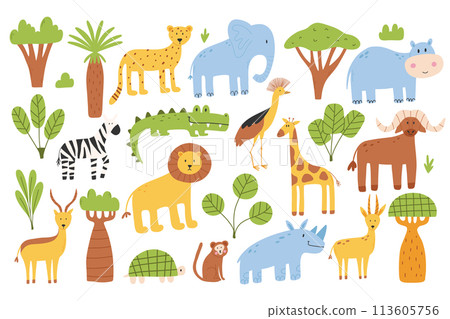 Set of safari animals. Jungle animals collection. African animals. Vector illustration. Flat style. Set of safari animals. Jungle animals collection. African animals. Vector illustration. Flat style. 113605756