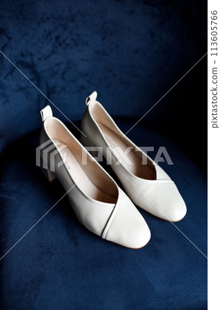 White wedding shoes on blue velvet fabric White wedding shoes on blue velvet fabric 113605766