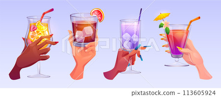 Glasses with cocktails in human hands. Glasses with cocktails in human hands. 113605924