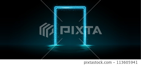 Neon door frame with sparkles and water surface. Neon door frame with sparkles and water surface. 113605941