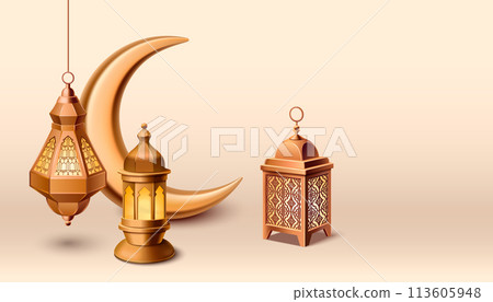 3d gold ramadan islam lantern vector background 113605948