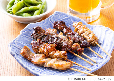 烤雞肉串和生啤酒拼盤 烤雞肉串和生啤酒拼盤 113605949
