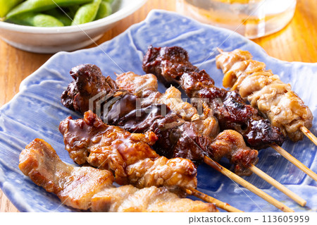 烤雞肉串和生啤酒拼盤 113605959