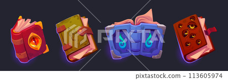 Old open magic book for fantasy game ui cartoon Old open magic book for fantasy game ui cartoon 113605974
