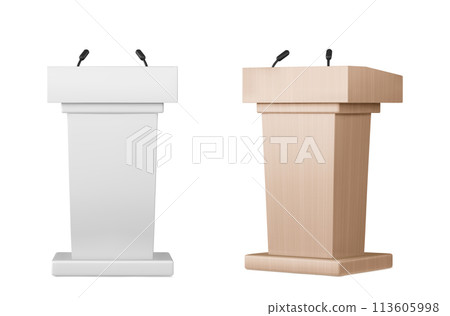 Wooden podium tribunes set isolated on white Wooden podium tribunes set isolated on white 113605998