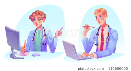 Doctor working at desk with computer. 113606000