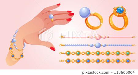 Bracelet or necklace with beads and rings with gem 113606004