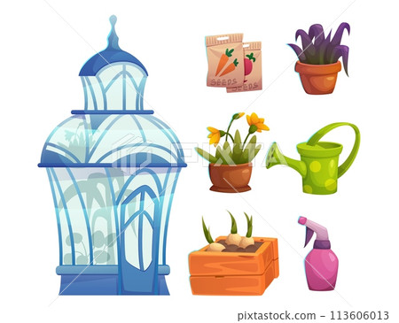 Glass greenhouse garden and flower nursery vector Glass greenhouse garden and flower nursery vector 113606013
