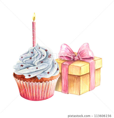 Cupcake present box candle watercolor drawing. Birthday vanilla muffin cream. Cake dessert card party illustration. Greeting invitation aquarelle. Isolated white background anniversary fire flame  113606156