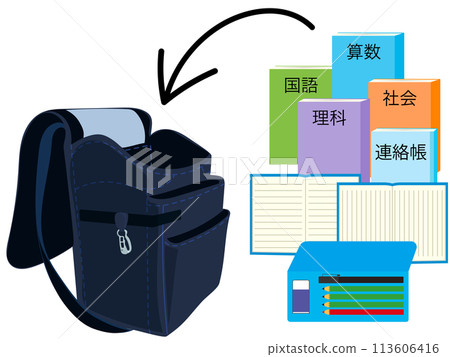 Illustration of putting textbooks in a black school bag 113606416