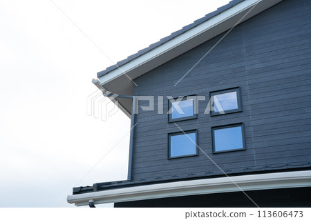 Exterior photos of a newly built house, roof, and eaves (ceramic siding and fake wood) 113606473