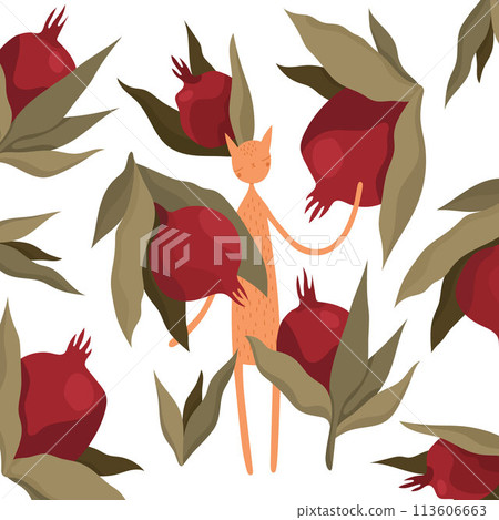 Cute orange cat with pomegranates, vector illustration. Fruit with leaves. Greeting card, print, textile, art. Cute orange cat with pomegranates, vector illustration. Fruit with leaves. Greeting card, print, textile, art. 113606663