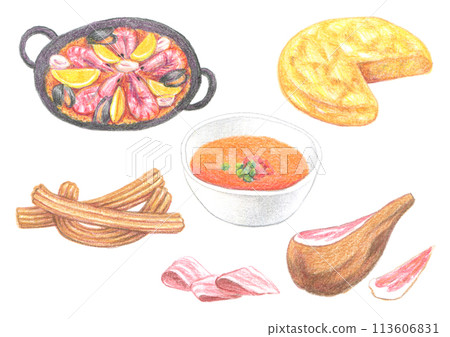 Spanish food drawn with colored pencils Spanish food drawn with colored pencils 113606831