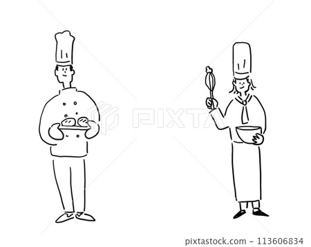 一個戴著廚師帽的男人拿著麵包，一個穿著圍裙的女人拿著攪拌器 113606834