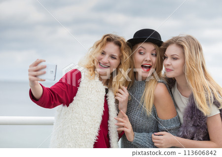 Three women taking selfie outdoor Three women taking selfie outdoor 113606842