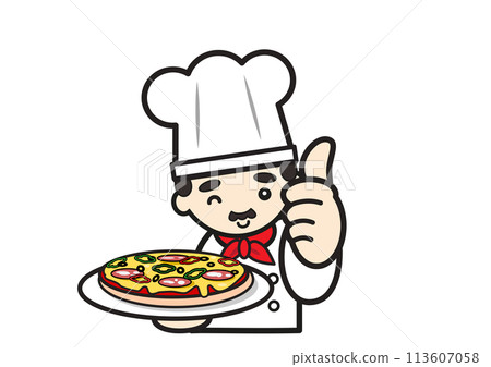 Italian chef holding pizza with thumbs up pose Italian chef holding pizza with thumbs up pose 113607058
