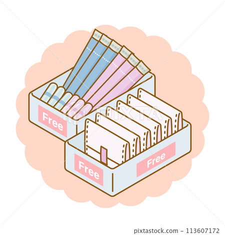 Women's health: illustration of free distribution of sanitary napkins and tampons 113607172
