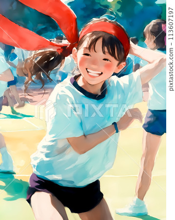 A girl running around energetically at a sports day 113607197