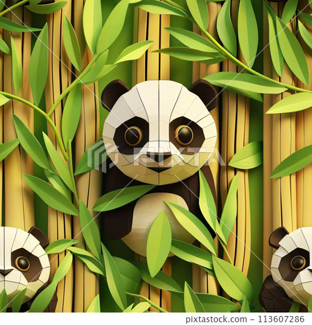 Close-up of a 3D panda surrounded by bamboo 113607286