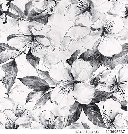Seamless pattern with white flowers and green leaves on a white 113607287
