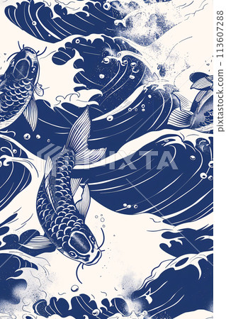 Seamless pattern black and white koi fish on a blue wave backgro 113607288