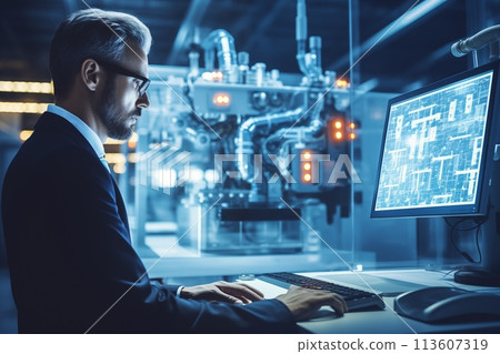 Manager engineer monitor automatic robot machines by Generative AI 113607319