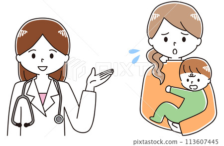 一位母親抱著孩子諮詢女醫師的插圖 一位母親抱著孩子諮詢女醫師的插圖 113607445