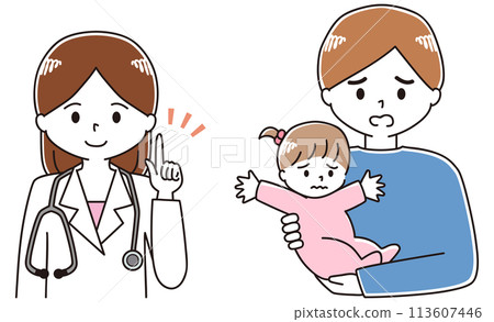 父親抱著孩子諮詢女醫生的插圖 113607446